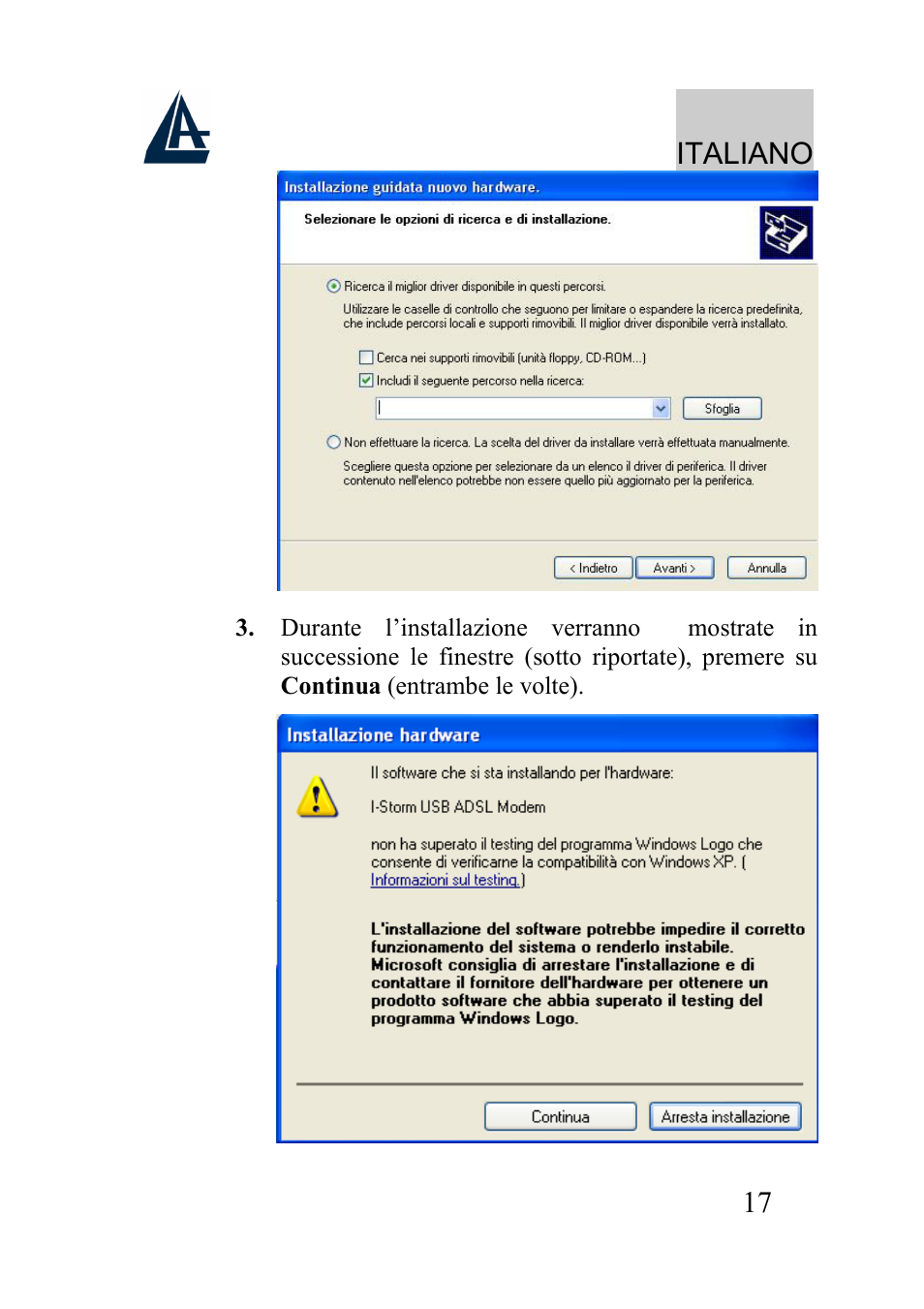 Italiano | Atlantis Land I-Storm USB ADSL modem A01-AU2 User Manual | Page 17 / 83