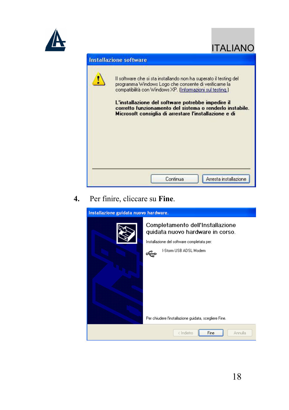 Italiano | Atlantis Land I-Storm USB ADSL modem A01-AU2 User Manual | Page 18 / 83