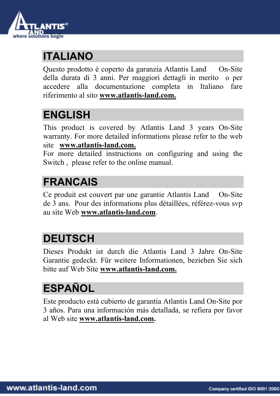 Italiano, English, Francais | Deutsch, Español | Atlantis Land I-Storm USB ADSL modem A01-AU2 User Manual | Page 2 / 83