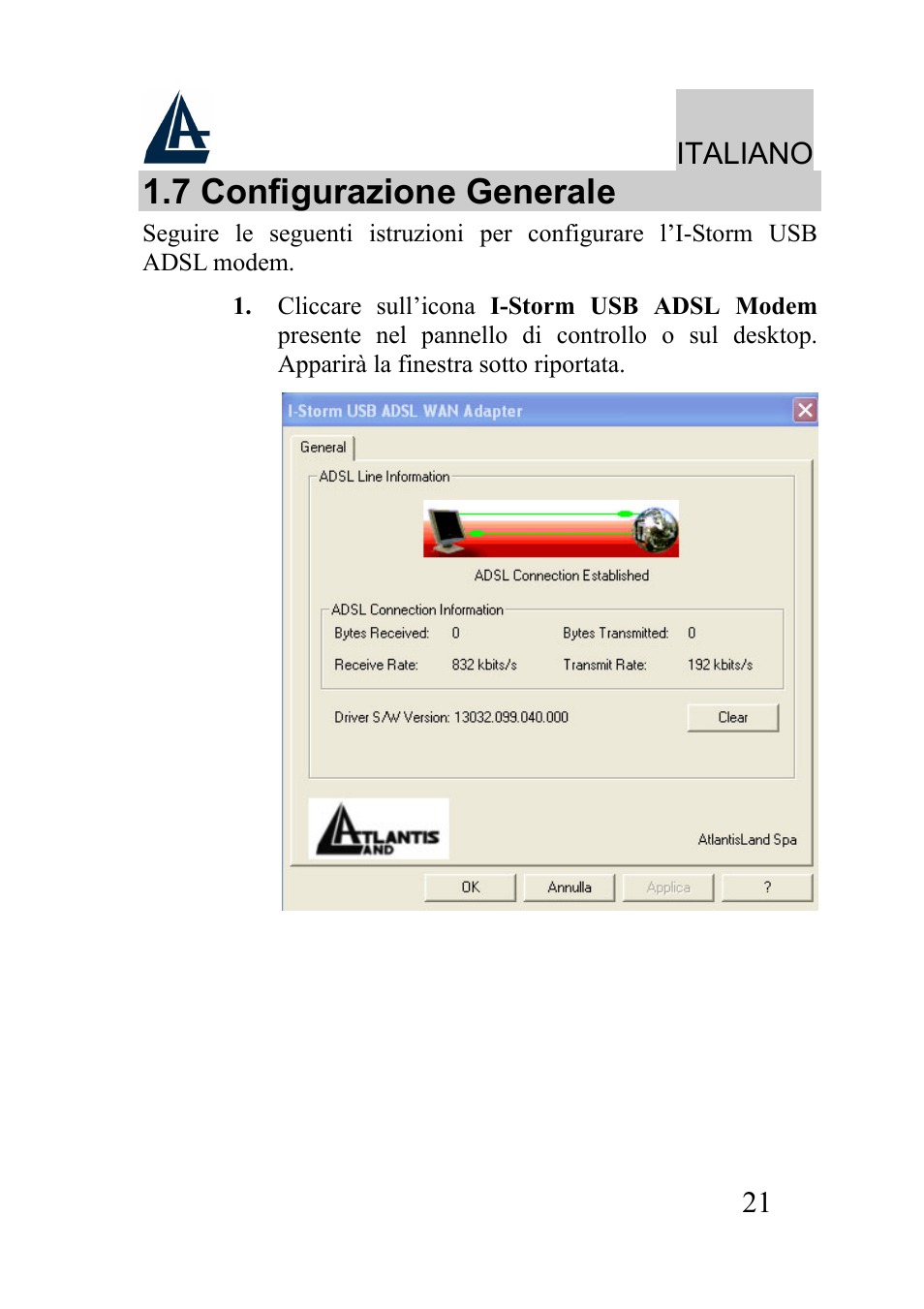 7 configurazione generale, Italiano | Atlantis Land I-Storm USB ADSL modem A01-AU2 User Manual | Page 21 / 83