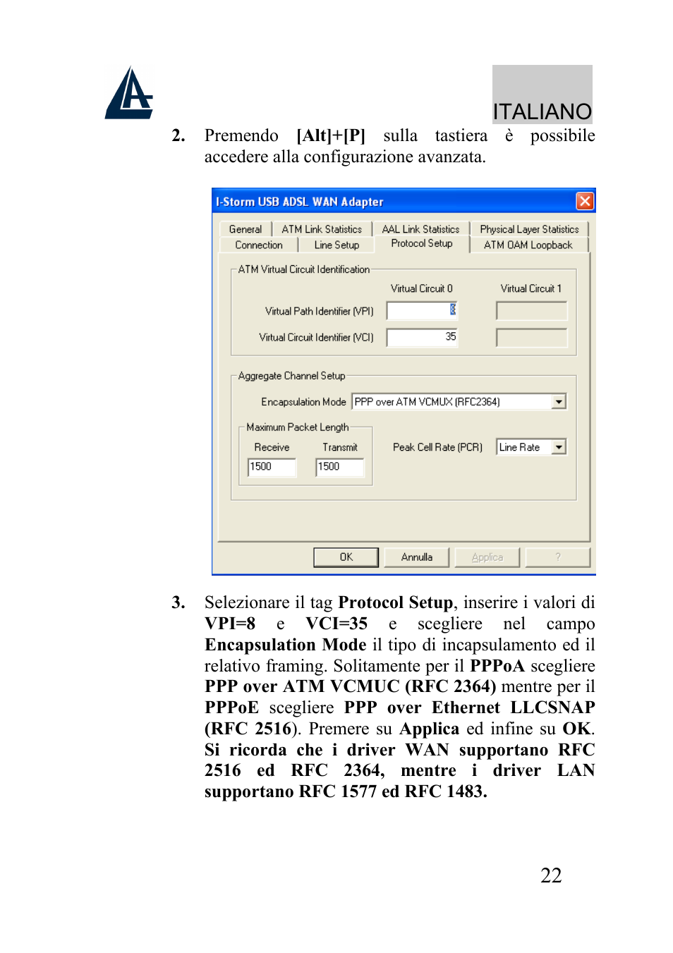 Italiano | Atlantis Land I-Storm USB ADSL modem A01-AU2 User Manual | Page 22 / 83