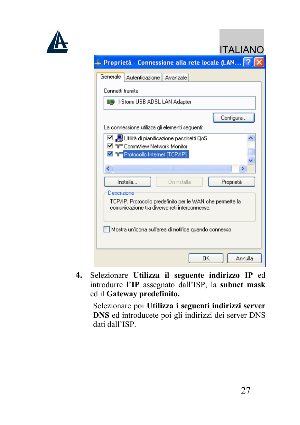 Italiano | Atlantis Land I-Storm USB ADSL modem A01-AU2 User Manual | Page 27 / 83
