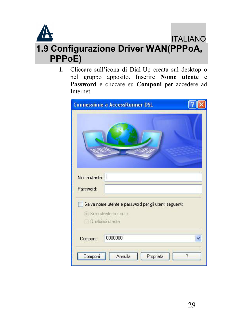 9 configurazione driver wan(pppoa, pppoe) | Atlantis Land I-Storm USB ADSL modem A01-AU2 User Manual | Page 29 / 83