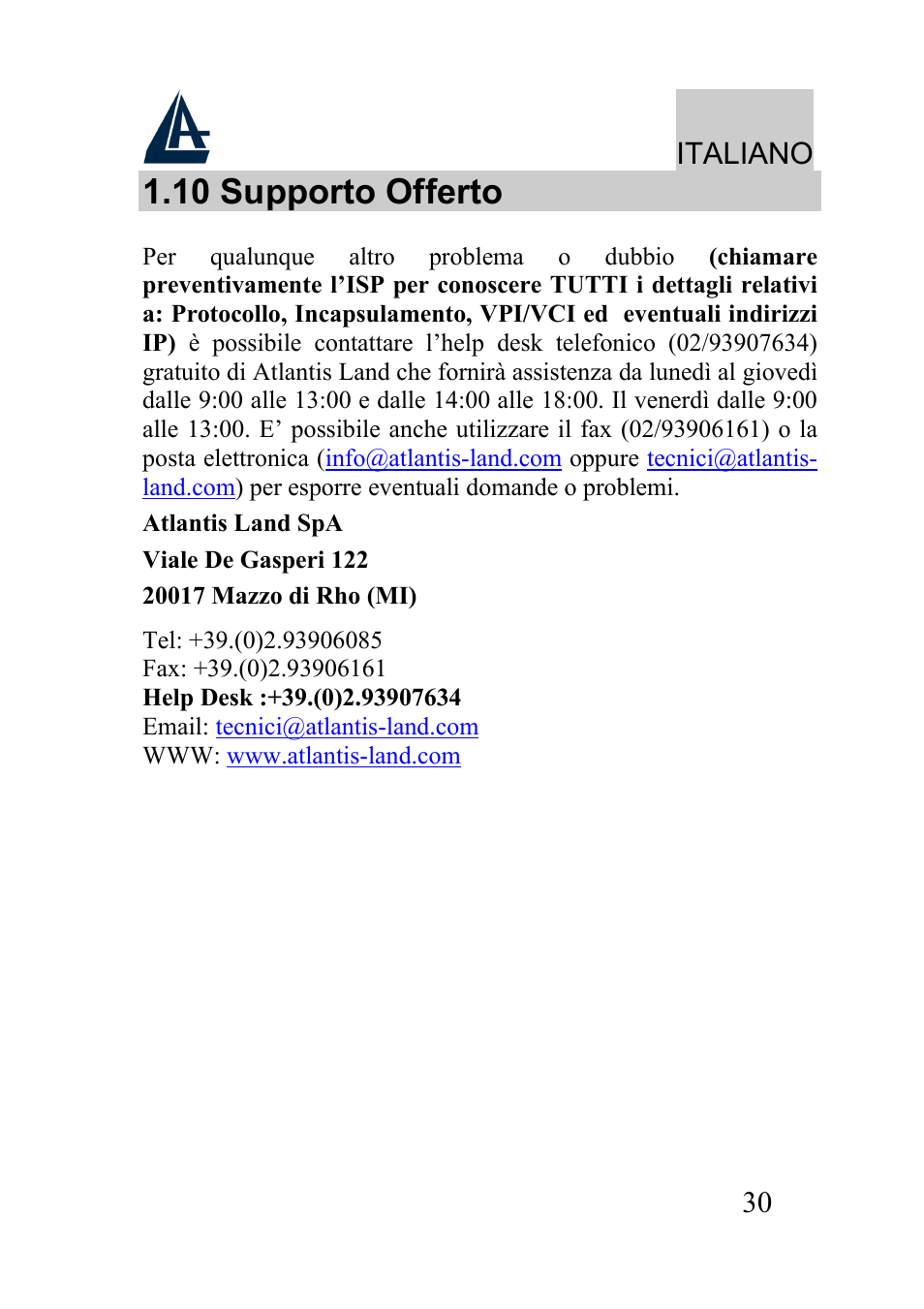 10 supporto offerto, Italiano | Atlantis Land I-Storm USB ADSL modem A01-AU2 User Manual | Page 30 / 83