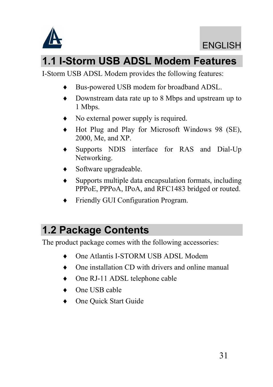 1 i-storm usb adsl modem features, 2 package contents, English | Atlantis Land I-Storm USB ADSL modem A01-AU2 User Manual | Page 31 / 83