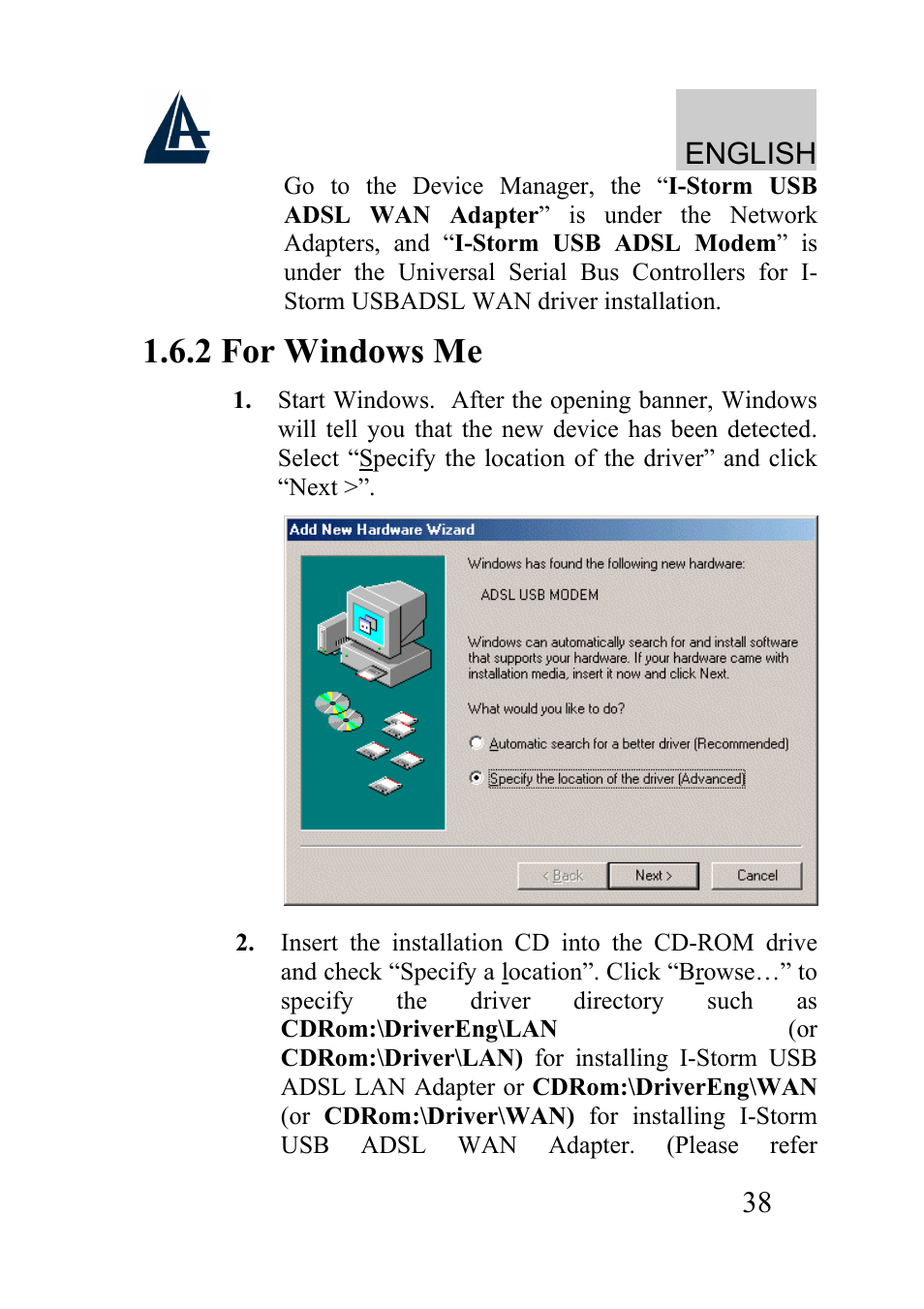 2 for windows me, English | Atlantis Land I-Storm USB ADSL modem A01-AU2 User Manual | Page 38 / 83