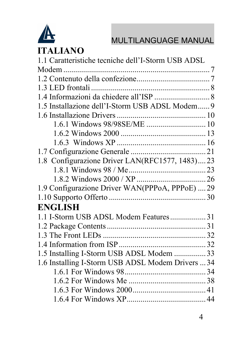 Italiano, English | Atlantis Land I-Storm USB ADSL modem A01-AU2 User Manual | Page 4 / 83