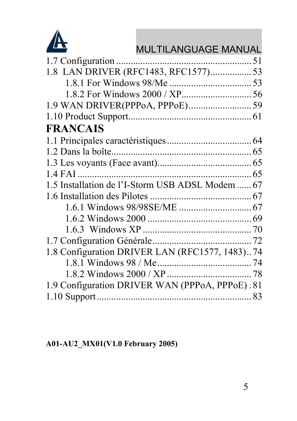 Francais | Atlantis Land I-Storm USB ADSL modem A01-AU2 User Manual | Page 5 / 83