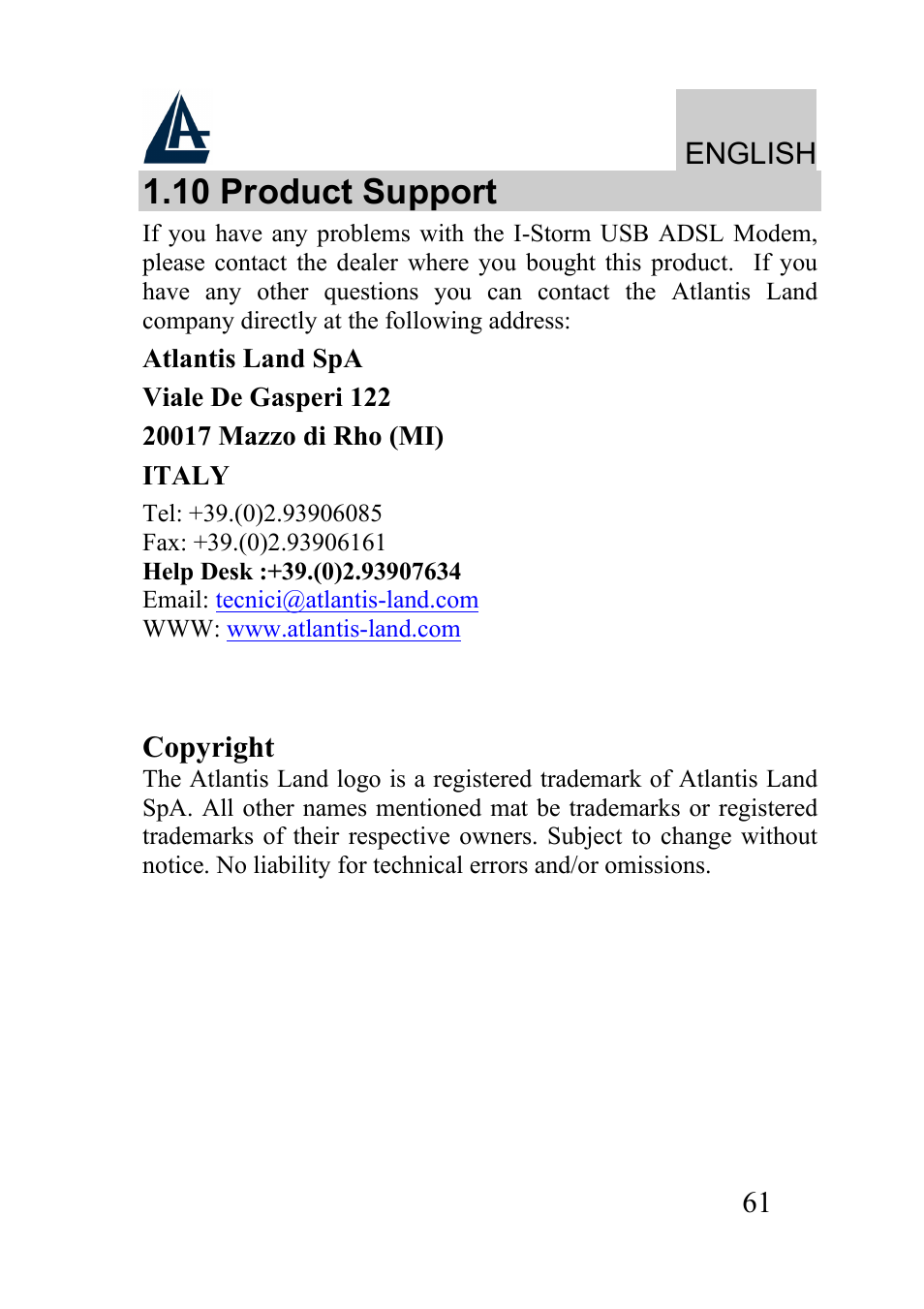 10 product support, English, Copyright | Atlantis Land I-Storm USB ADSL modem A01-AU2 User Manual | Page 61 / 83