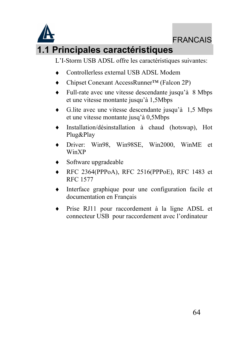 1 principales caractéristiques, Francais | Atlantis Land I-Storm USB ADSL modem A01-AU2 User Manual | Page 64 / 83