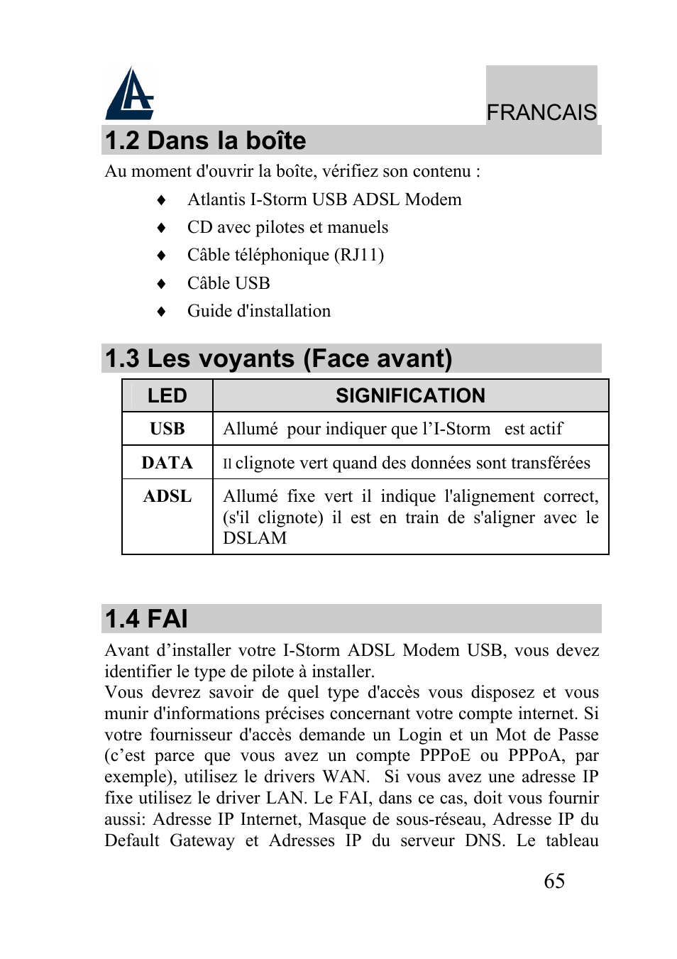 2 dans la boîte, 3 les voyants (face avant), 4 fai | Francais | Atlantis Land I-Storm USB ADSL modem A01-AU2 User Manual | Page 65 / 83