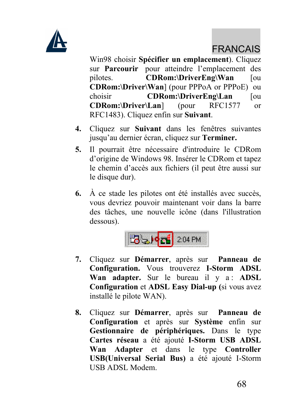 Francais | Atlantis Land I-Storm USB ADSL modem A01-AU2 User Manual | Page 68 / 83