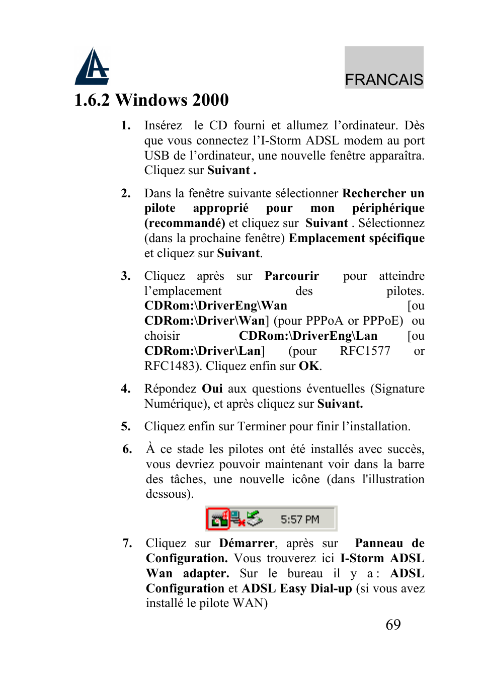 Francais | Atlantis Land I-Storm USB ADSL modem A01-AU2 User Manual | Page 69 / 83