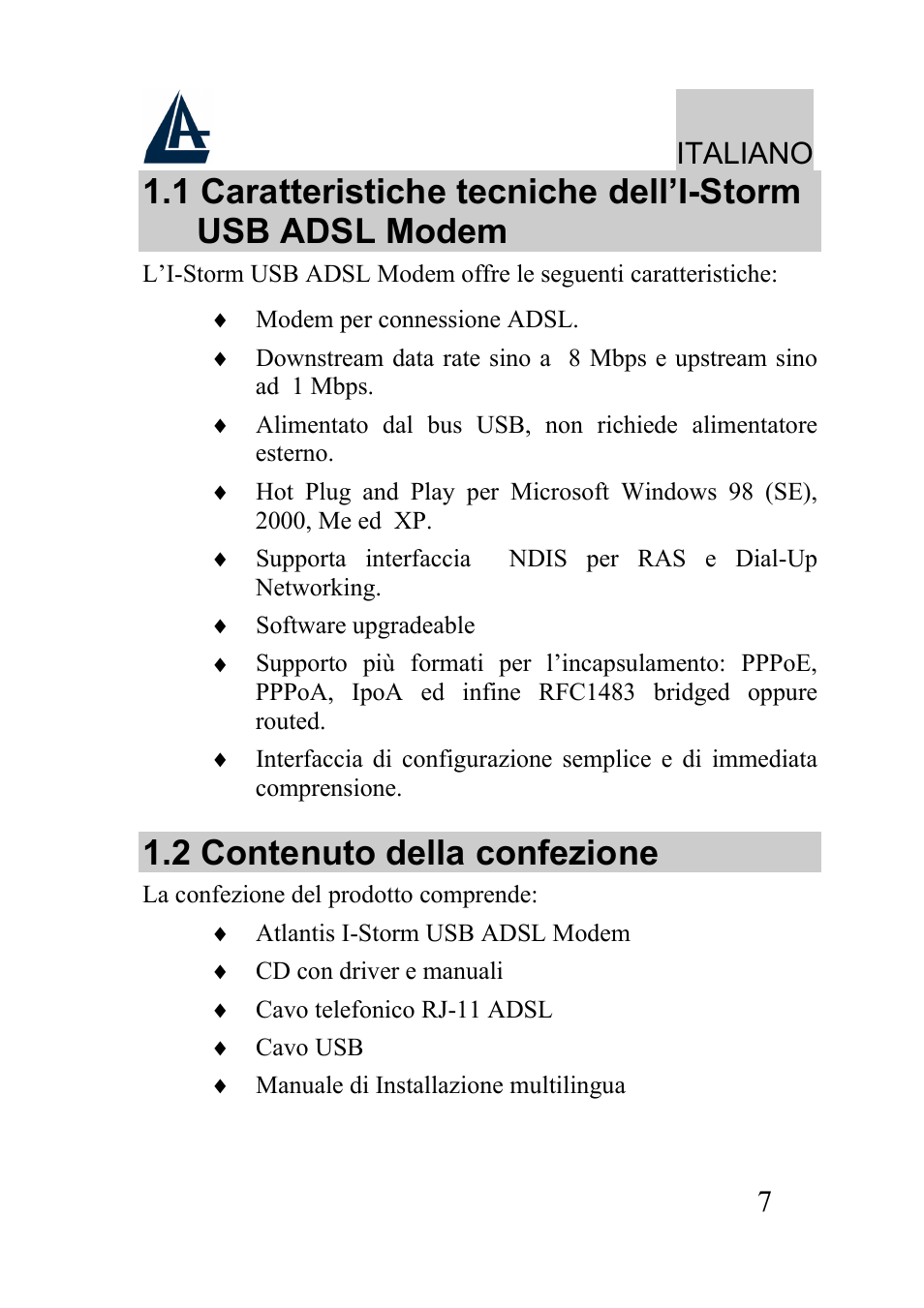 2 contenuto della confezione, Italiano | Atlantis Land I-Storm USB ADSL modem A01-AU2 User Manual | Page 7 / 83