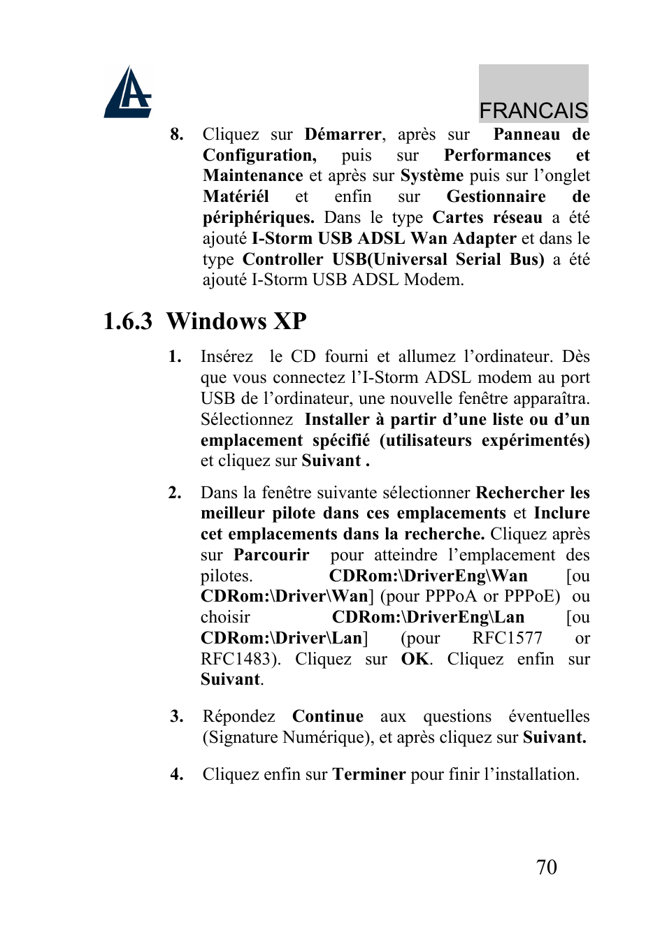 3 windows xp, Francais | Atlantis Land I-Storm USB ADSL modem A01-AU2 User Manual | Page 70 / 83