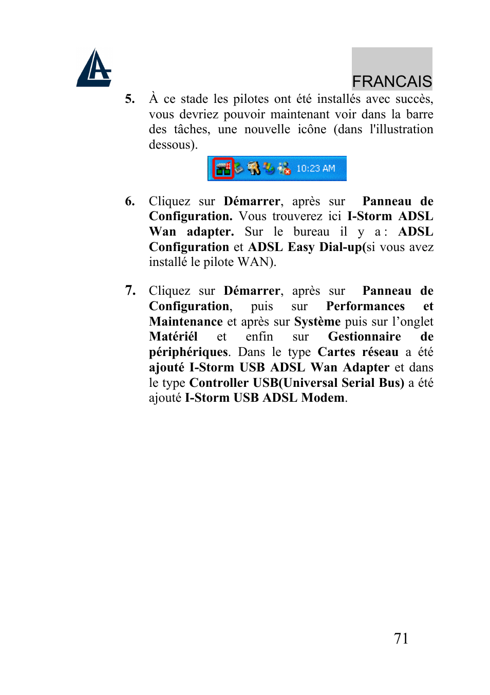 Francais | Atlantis Land I-Storm USB ADSL modem A01-AU2 User Manual | Page 71 / 83