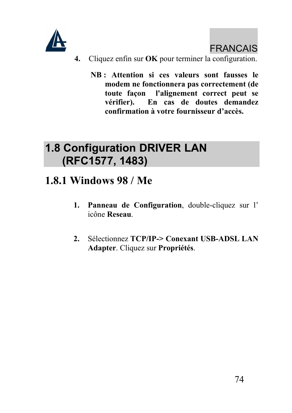 Francais | Atlantis Land I-Storm USB ADSL modem A01-AU2 User Manual | Page 74 / 83