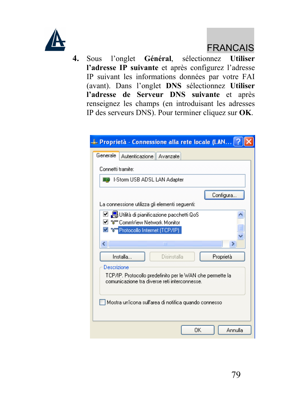 Francais | Atlantis Land I-Storm USB ADSL modem A01-AU2 User Manual | Page 79 / 83