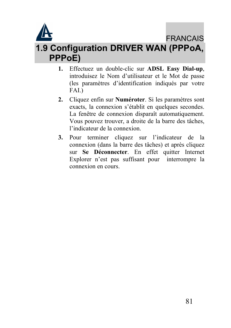 9 configuration driver wan (pppoa, pppoe), Francais | Atlantis Land I-Storm USB ADSL modem A01-AU2 User Manual | Page 81 / 83