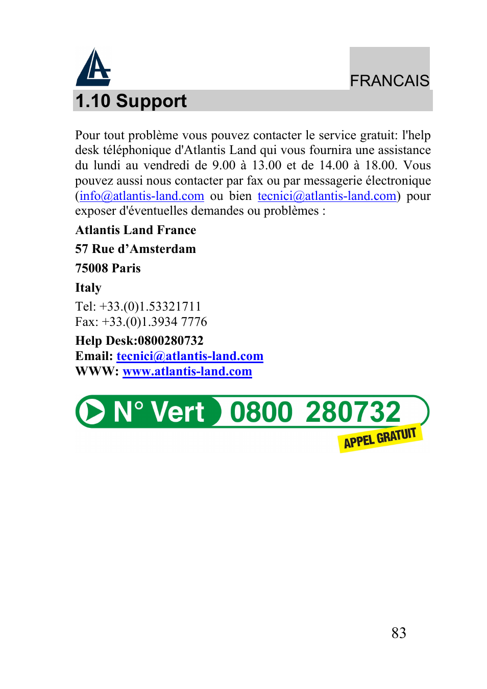 10 support, Francais | Atlantis Land I-Storm USB ADSL modem A01-AU2 User Manual | Page 83 / 83
