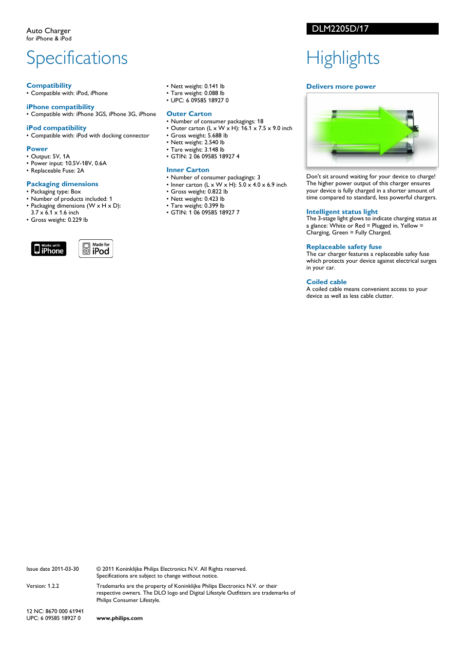 Specifications, Highlights | Philips DLM2205D-17 User Manual | Page 2 / 2