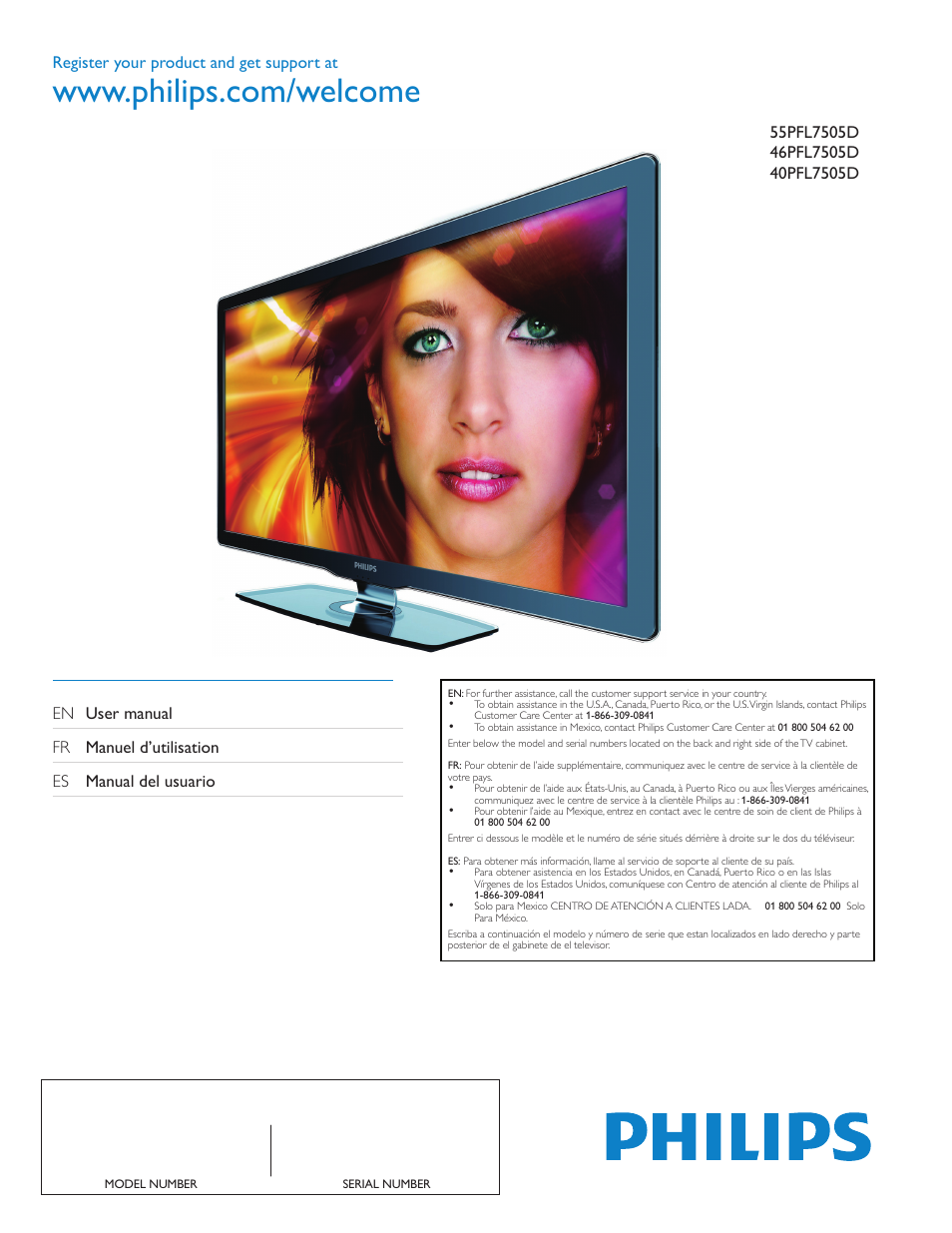 Philips LCD TV 46PFL7505D 117cm-46" class Full HD 1080p digital TV with Perfect Pixel HD Engine User Manual | 38 pages