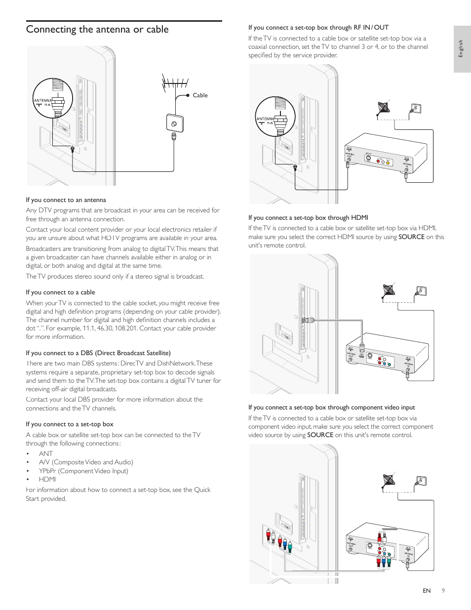 Connecting the antenna or cable | Philips LCD TV 46PFL7505D 117cm-46" class Full HD 1080p digital TV with Perfect Pixel HD Engine User Manual | Page 10 / 38