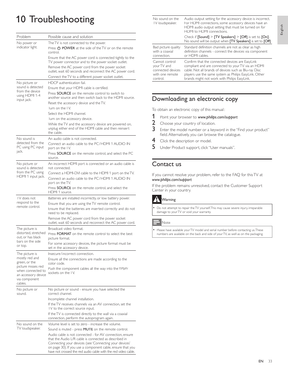 10 troubleshooting, Downloading an electronic copy, Contact us | Philips LCD TV 46PFL7505D 117cm-46" class Full HD 1080p digital TV with Perfect Pixel HD Engine User Manual | Page 34 / 38