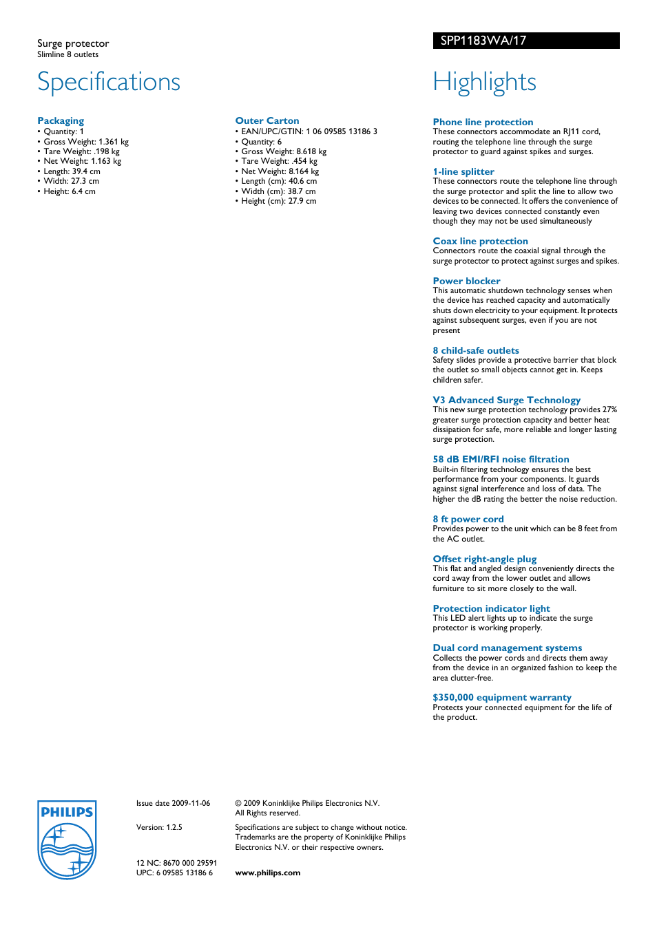 Specifications, Highlights | Philips SPP1183WA-17 User Manual | Page 2 / 2