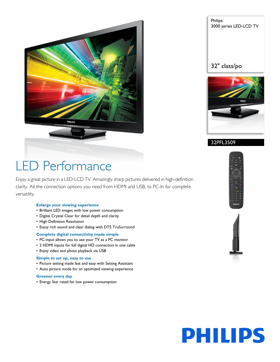 Philips 3000 series LED-LCD TV 32PFL3509 32" class-po User Manual | 3 pages