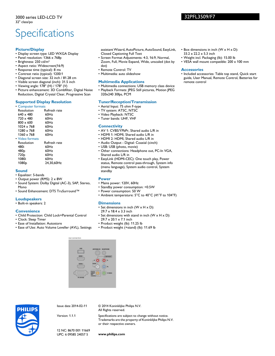 Specifications | Philips 3000 series LED-LCD TV 32PFL3509 32" class-po User Manual | Page 3 / 3