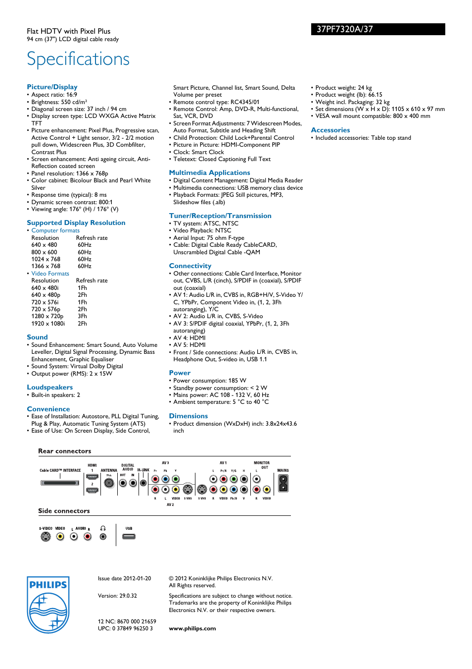 Specifications | Philips 37PF7320A-37B User Manual | Page 3 / 3