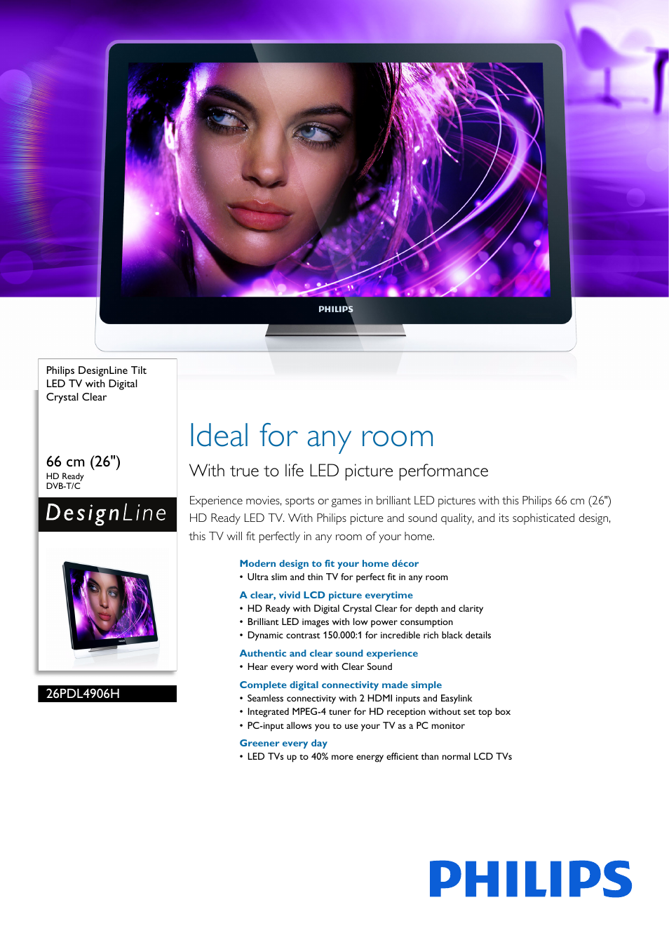 Philips DesignLine Tilt LED TV 26PDL4906H 66 cm 26" HD Ready DVB-T-C with Digital Crystal Clear User Manual | 3 pages