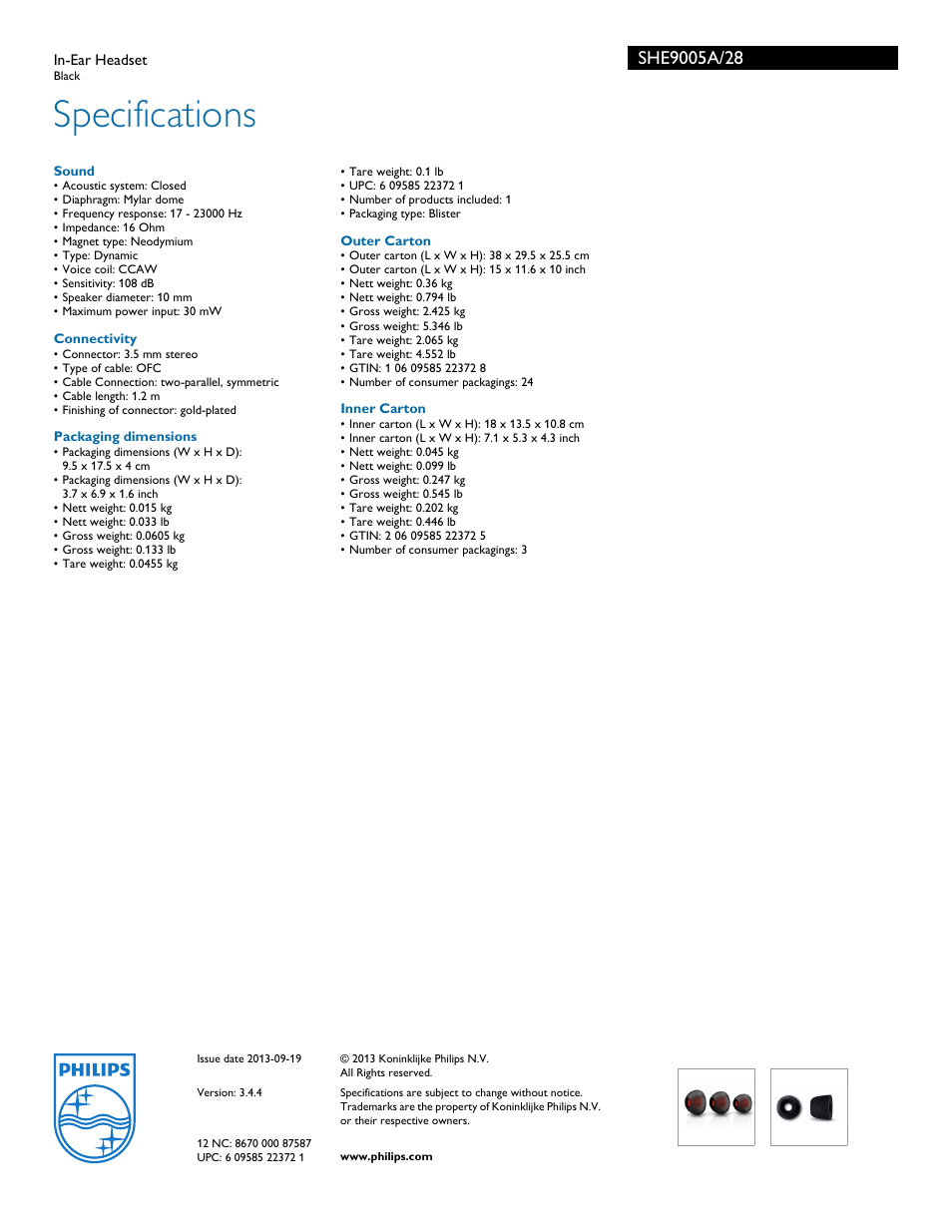 Specifications | Philips SHE9005A-28 User Manual | Page 3 / 3