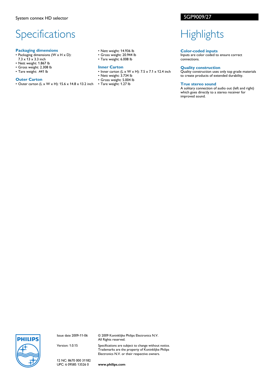 Specifications, Highlights | Philips System connex HD selector SGP9009 User Manual | Page 2 / 2