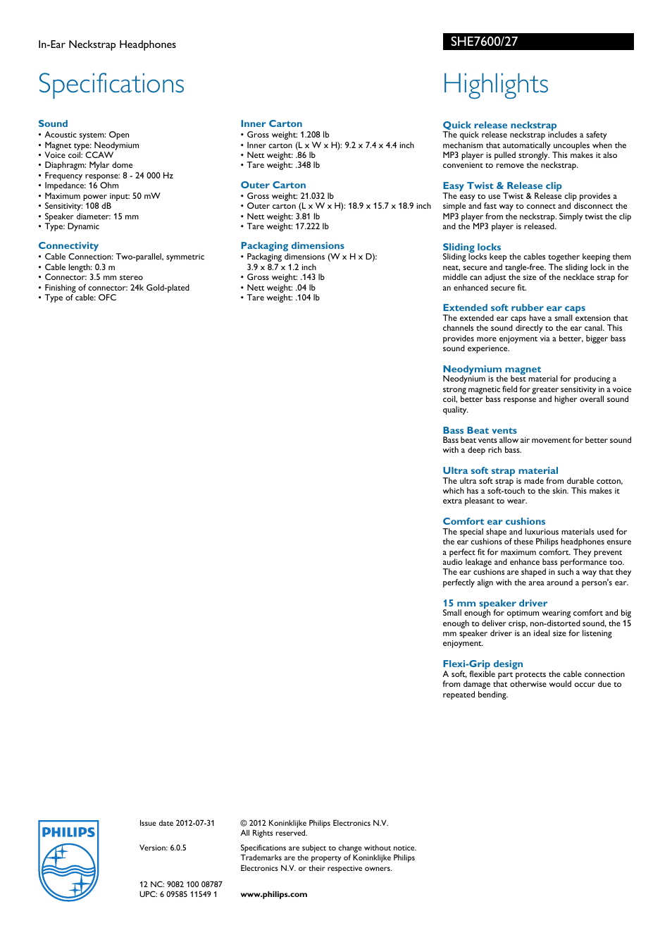 Specifications, Highlights | Philips SHE7600-27 User Manual | Page 2 / 2