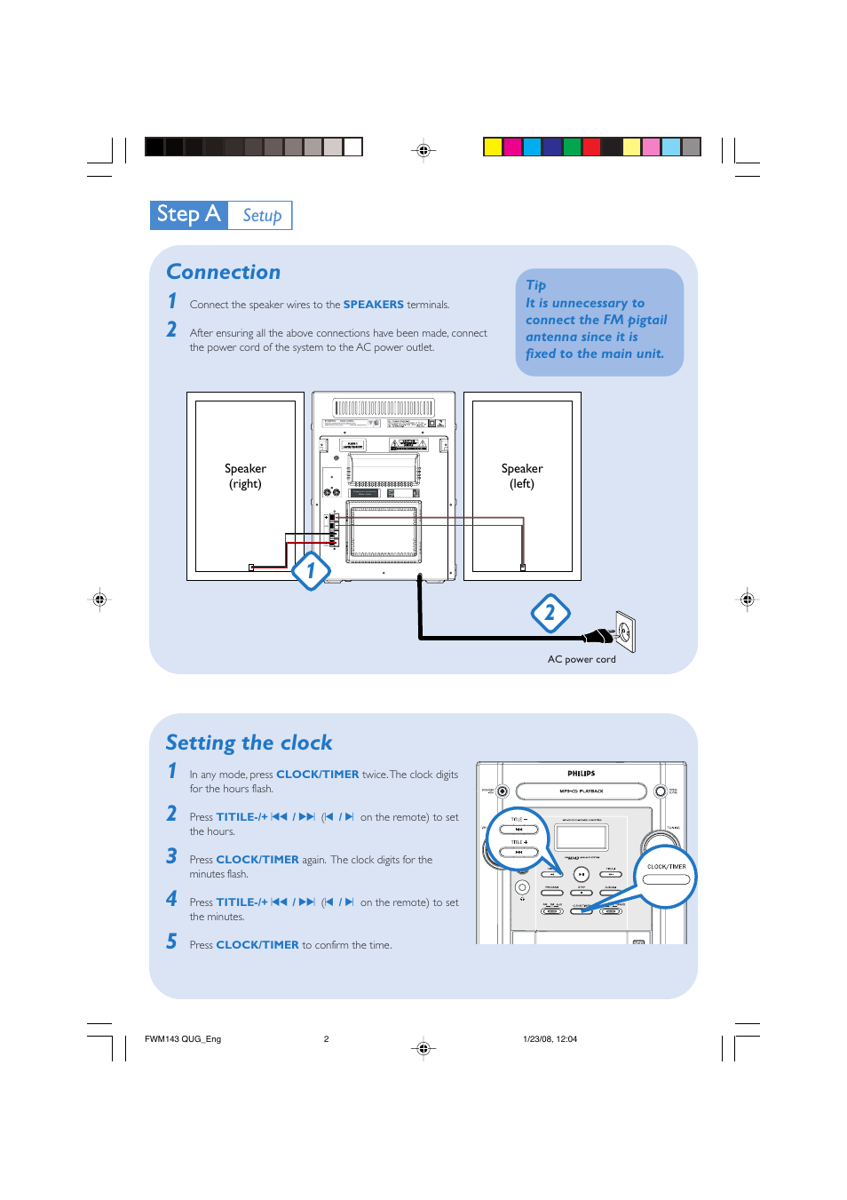 Connection 1, Setting the clock 1, Setup | Philips FWM143-37 User Manual | Page 2 / 3