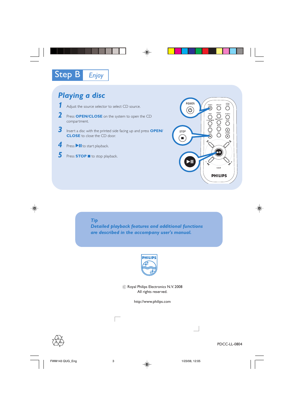 Step b, Playing a disc 1, Enjoy | Philips FWM143-37 User Manual | Page 3 / 3