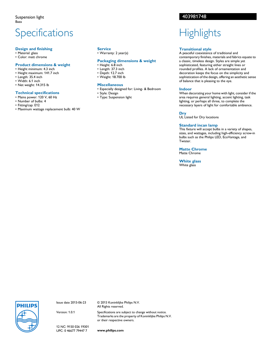 Specifications, Highlights | Philips 403981748 User Manual | Page 2 / 2