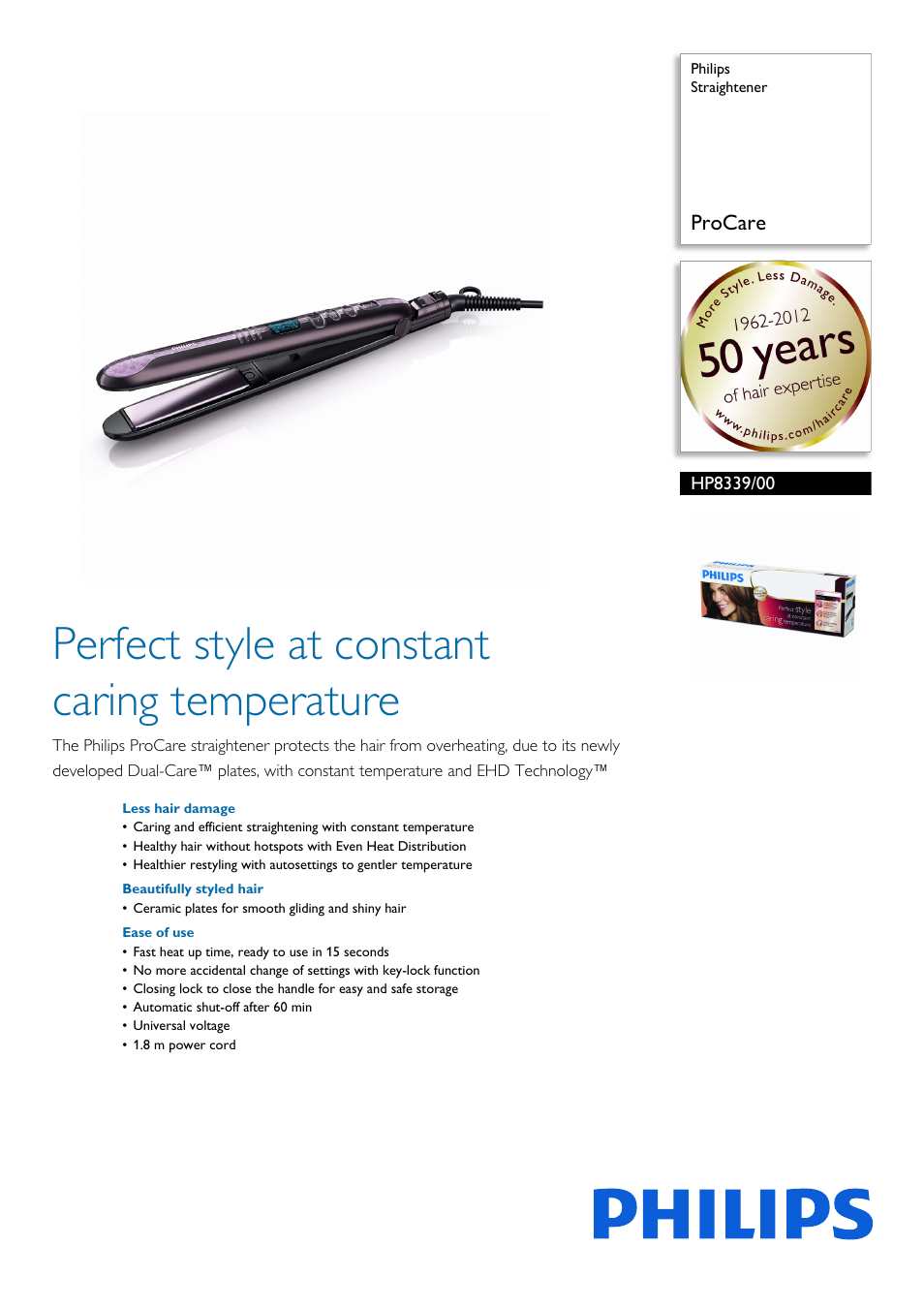 Philips Straightener HP8339-00 ProCare User Manual | 2 pages