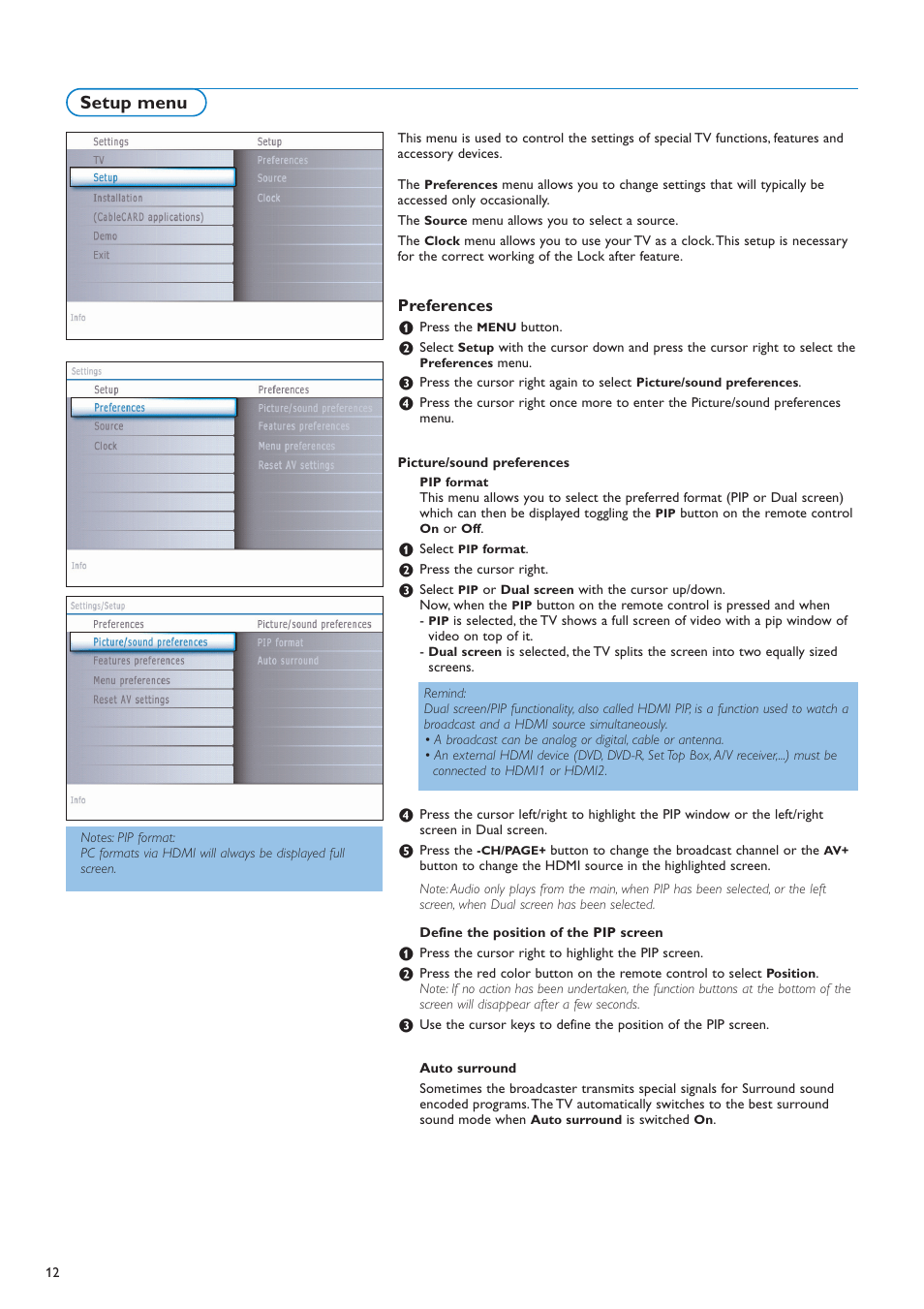 Setup menu, Preferences | Philips flat HDTV 32PF7320A 32" LCD digital cable ready with Pixel Plus User Manual | Page 14 / 48