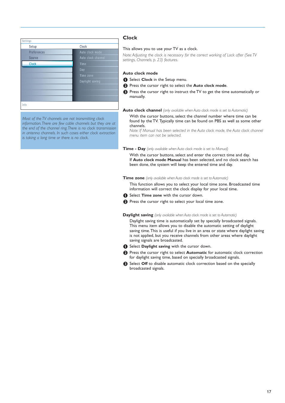Clock | Philips flat HDTV 32PF7320A 32" LCD digital cable ready with Pixel Plus User Manual | Page 19 / 48