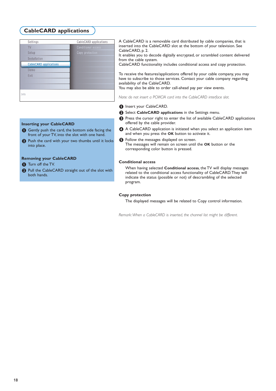 Cablecard applications | Philips flat HDTV 32PF7320A 32" LCD digital cable ready with Pixel Plus User Manual | Page 20 / 48