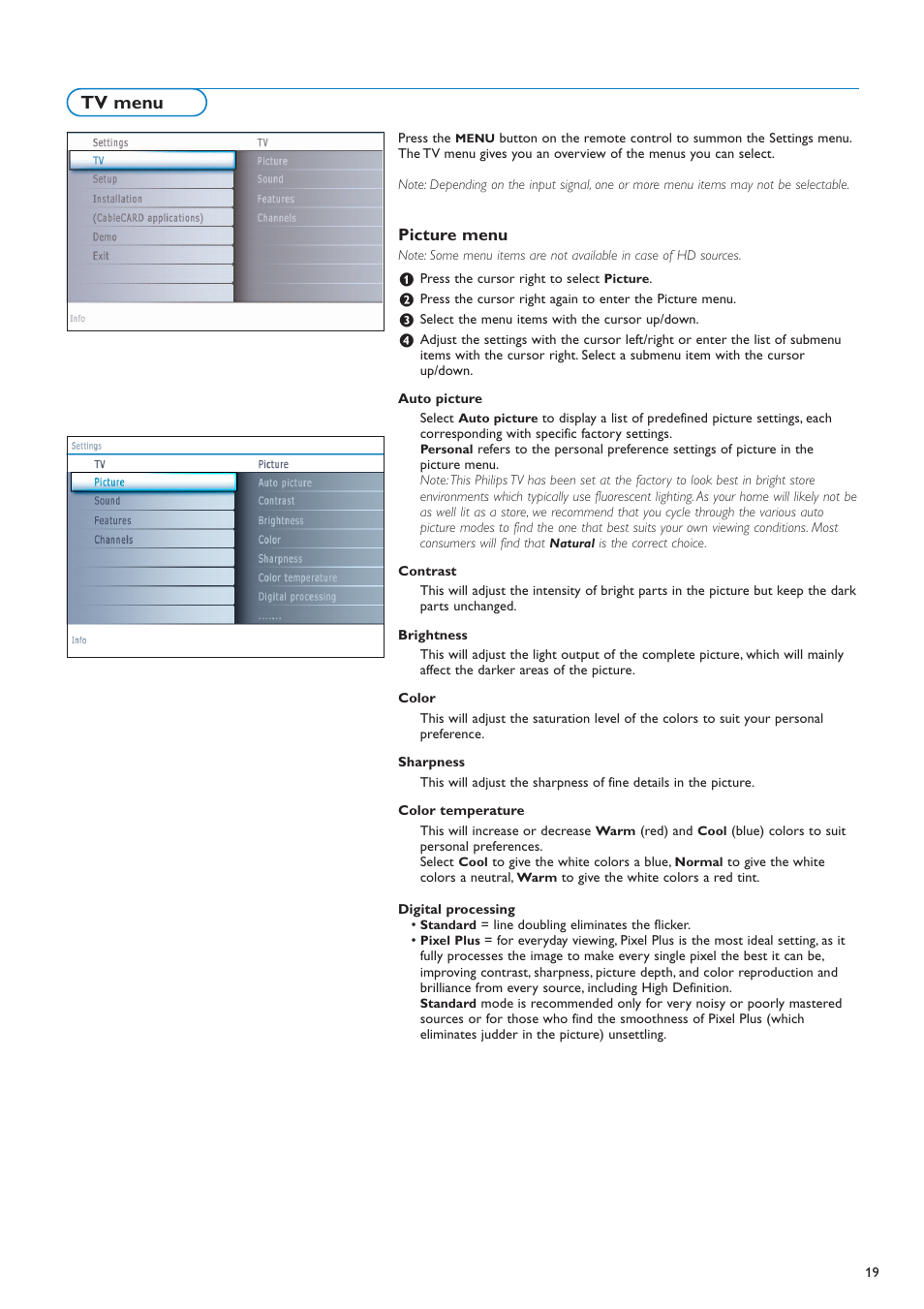 Tv menu | Philips flat HDTV 32PF7320A 32" LCD digital cable ready with Pixel Plus User Manual | Page 21 / 48