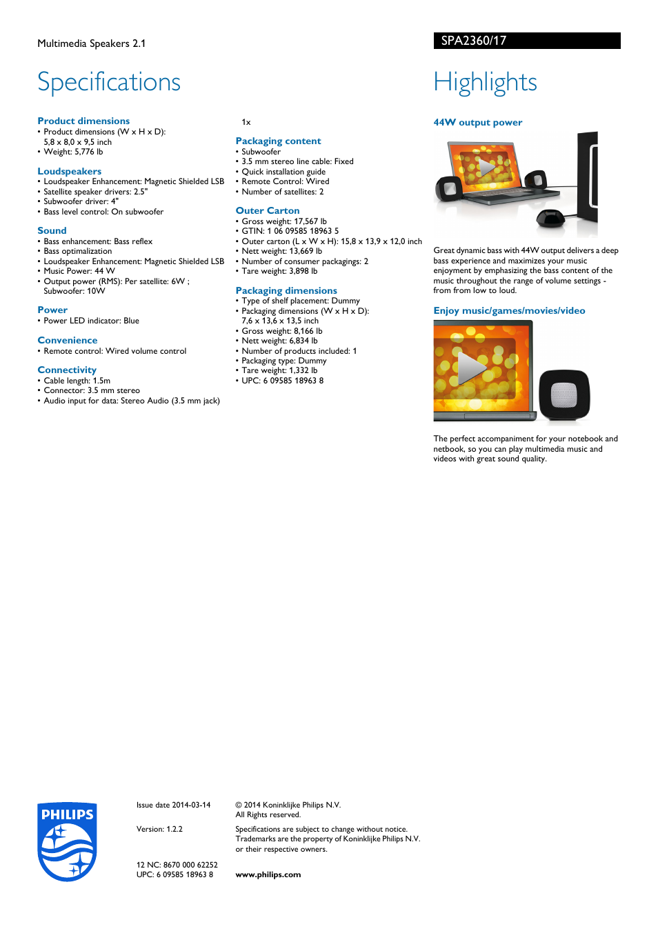 Specifications, Highlights | Philips Multimedia Speakers 2.1 SPA2360 User Manual | Page 2 / 2