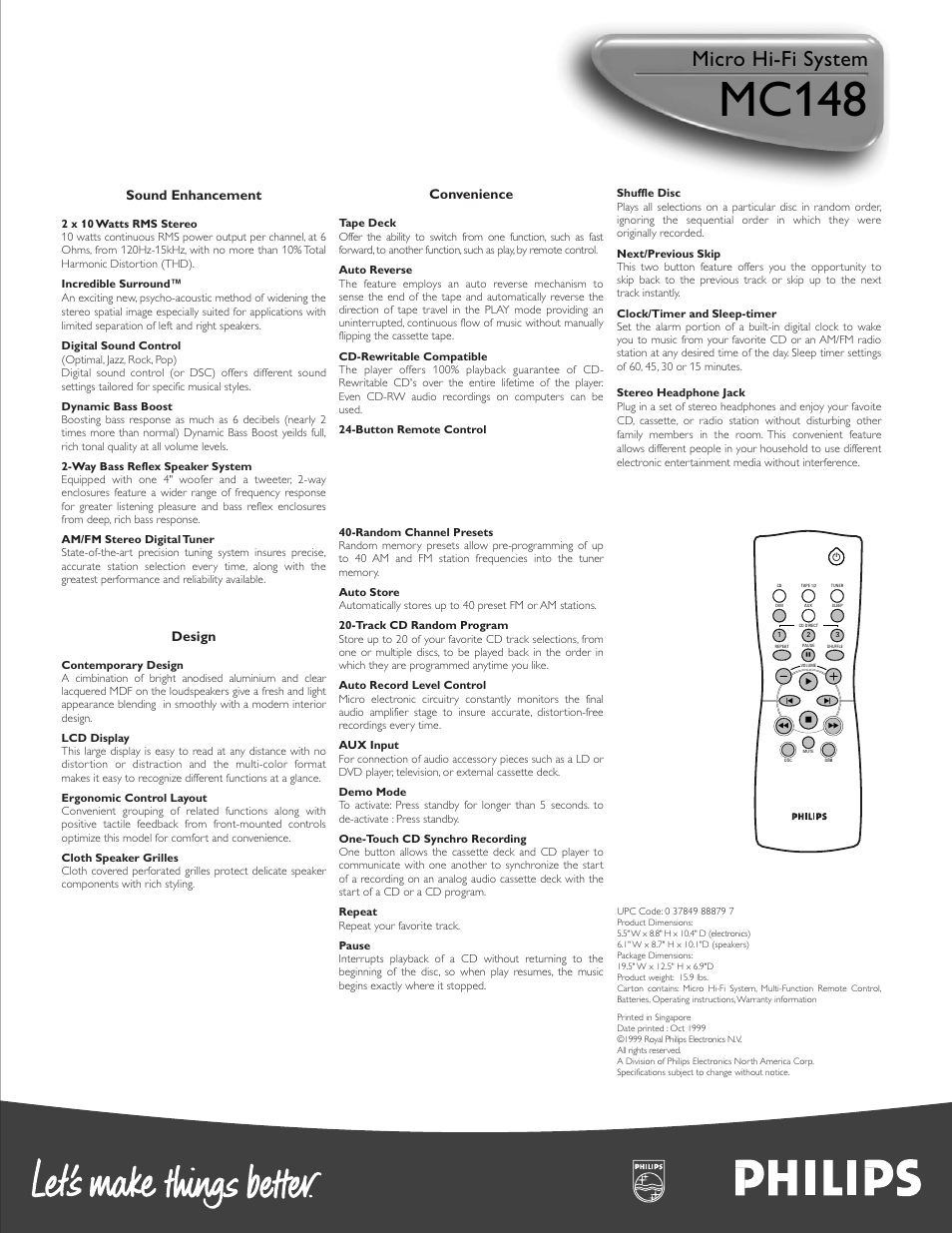 Mc148, Micro hi-fi system, Sound enhancement | Design, Convenience | Philips MC148C-37 User Manual | Page 2 / 2