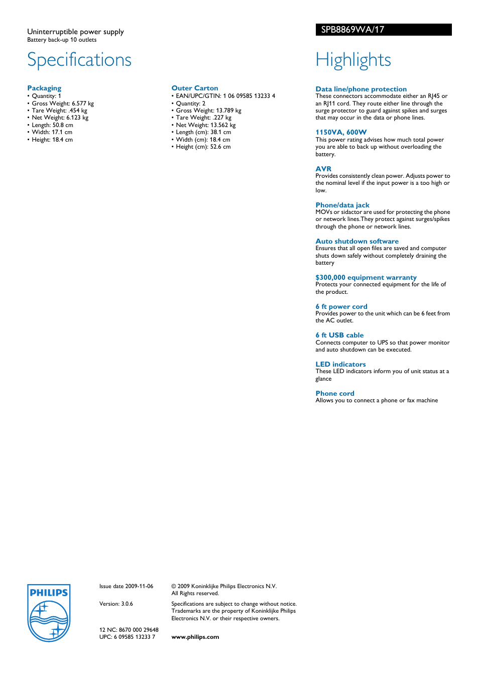 Specifications, Highlights | Philips SPB8869WA-17 User Manual | Page 2 / 2