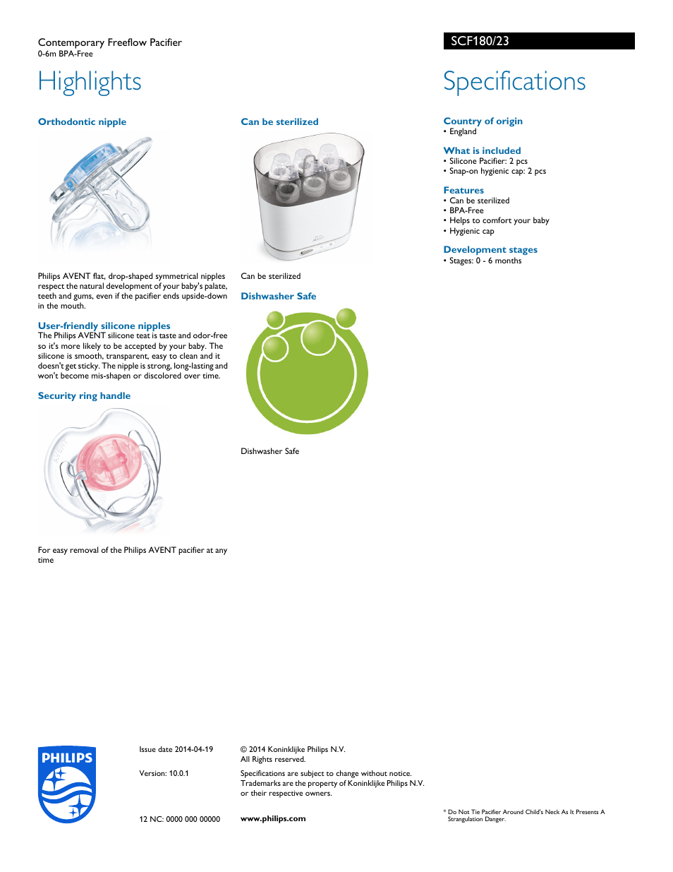 Highlights, Specifications | Philips SCF180-23 User Manual | Page 2 / 2