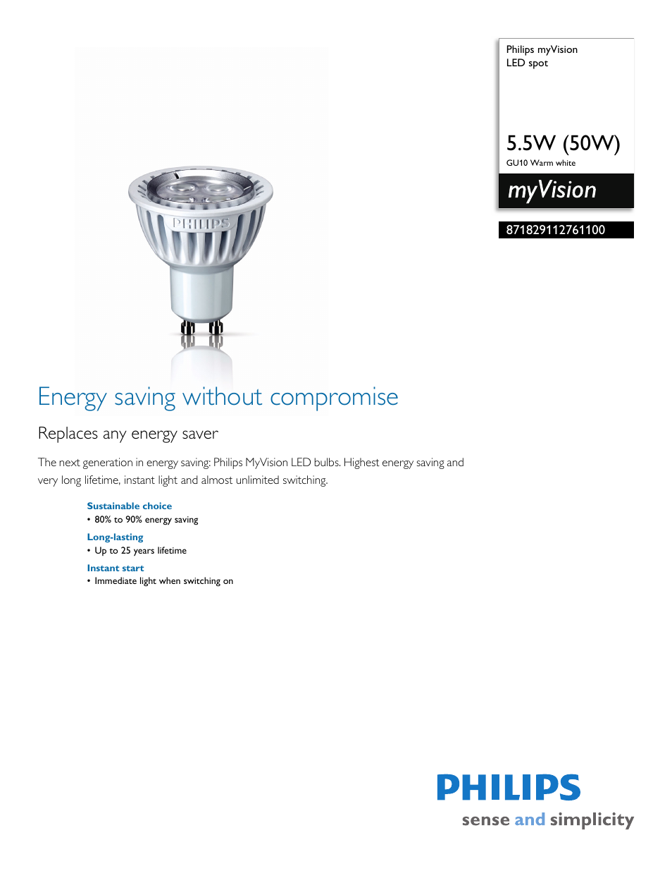 Philips myVision LED spot 871829112761100 5.5W 50W GU10 Warm white User Manual | 2 pages