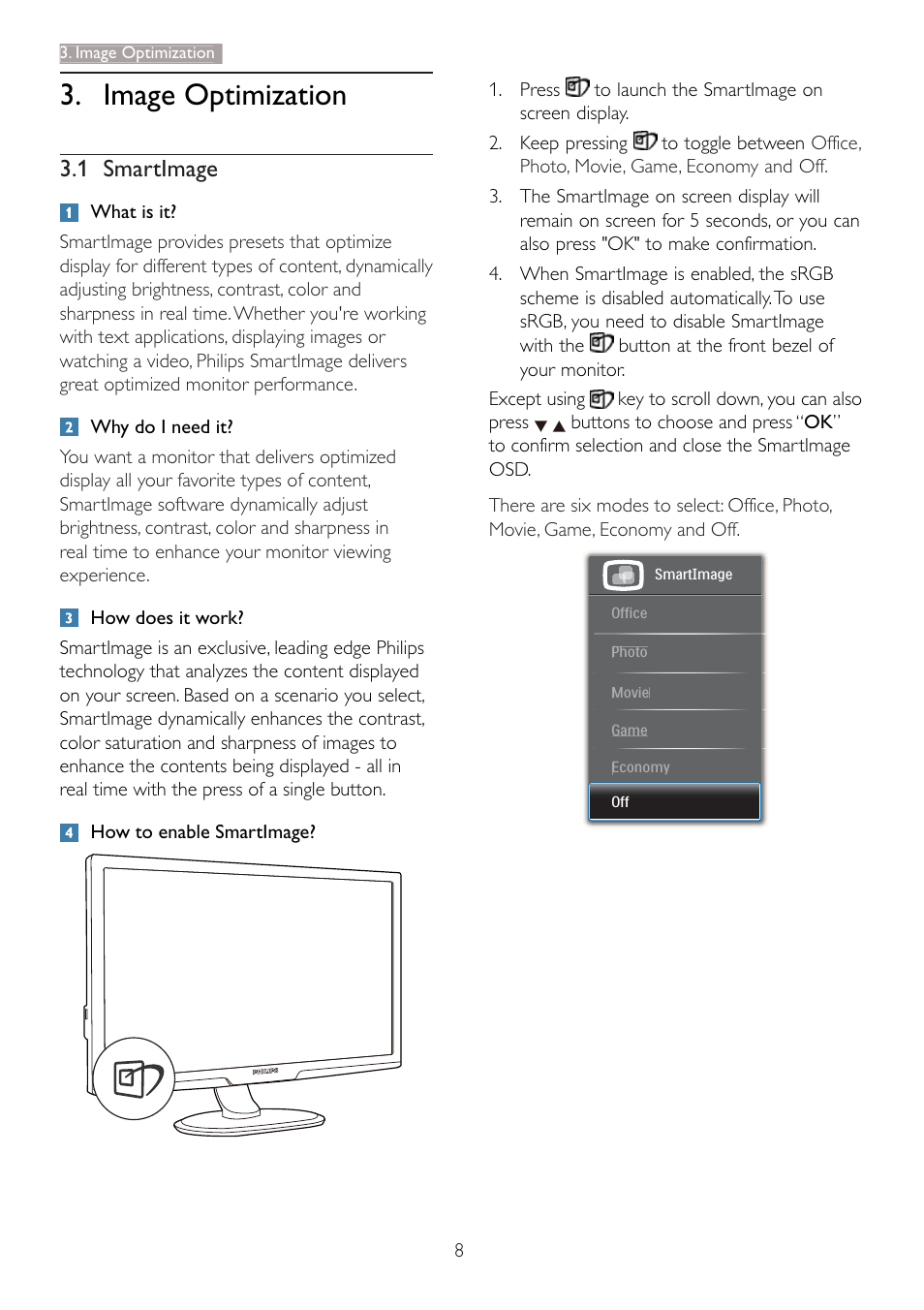 Image optimization, 1 smartimage | Philips 273P3PHES-00 User Manual | Page 10 / 55